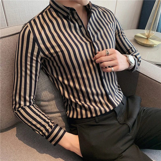 Spring Autumn Men's Long Sleeve Striped Shirt Casual Slim Fit Business Button - Down Shirts Classic Formal Dress Shirt - SHOWLU FASHION STORE
