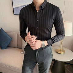 Spring Autumn Men's Long Sleeve Striped Shirt Casual Slim Fit Business Button - Down Shirts Classic Formal Dress Shirt - SHOWLU FASHION STORE
