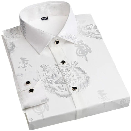 Spring Men's Long - sleeved Shirt, Tiger Print Orange Lapel Single - breasted Top Hanfu Slim Fit Shirt Men Japanese Fashion - SHOWLU FASHION STORE