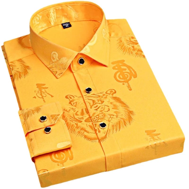 Spring Men's Long - sleeved Shirt, Tiger Print Orange Lapel Single - breasted Top Hanfu Slim Fit Shirt Men Japanese Fashion - SHOWLU FASHION STORE