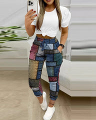 Spring Summer New Short Sleeved Two Piece Set 2024 Elegant And Fashion Women Suit Loose Casual Printed Trouser Suit Office Lady - SHOWLU FASHION STORE
