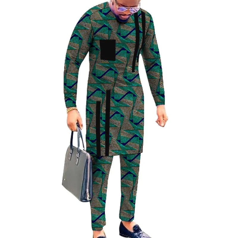 Striped Design Nigerian Style Men's Shirts+Trousers Wax Colorful Print Garment Male Pant Sets African Wedding Party Wear - SHOWLU FASHION STORE
