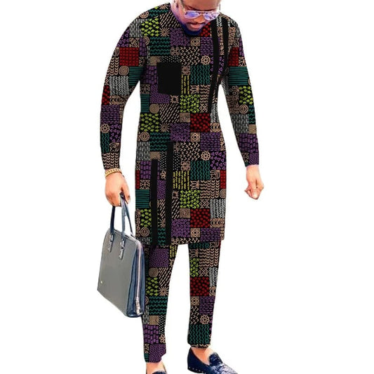 Striped Design Nigerian Style Men's Shirts+Trousers Wax Colorful Print Garment Male Pant Sets African Wedding Party Wear - SHOWLU FASHION STORE