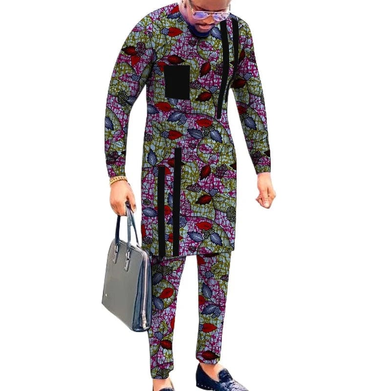 Striped Design Nigerian Style Men's Shirts+Trousers Wax Colorful Print Garment Male Pant Sets African Wedding Party Wear - SHOWLU FASHION STORE