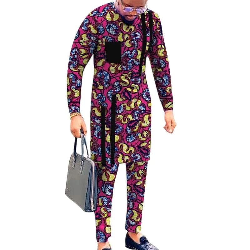Striped Design Nigerian Style Men's Shirts+Trousers Wax Colorful Print Garment Male Pant Sets African Wedding Party Wear - SHOWLU FASHION STORE