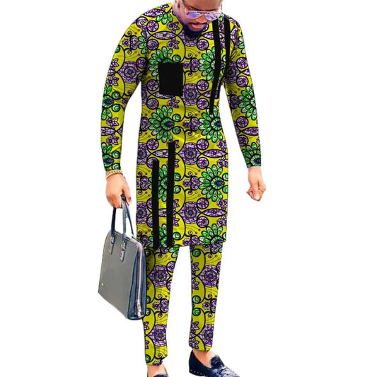 Striped Design Nigerian Style Men's Shirts+Trousers Wax Colorful Print Garment Male Pant Sets African Wedding Party Wear - SHOWLU FASHION STORE