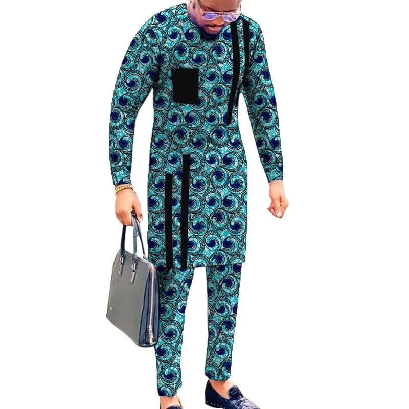 Striped Design Nigerian Style Men's Shirts+Trousers Wax Colorful Print Garment Male Pant Sets African Wedding Party Wear - SHOWLU FASHION STORE