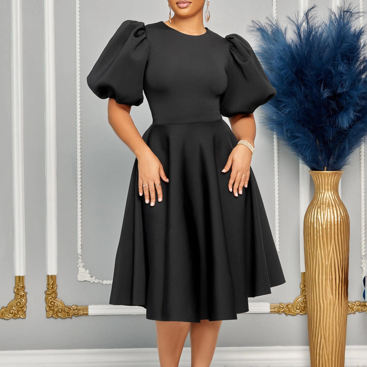 Summer A - line Dress African Dresses for Women 2023 Elegant Short Lantern Sleeve High Waist Robe Africaine Femme African Clothes - SHOWLU FASHION STORE