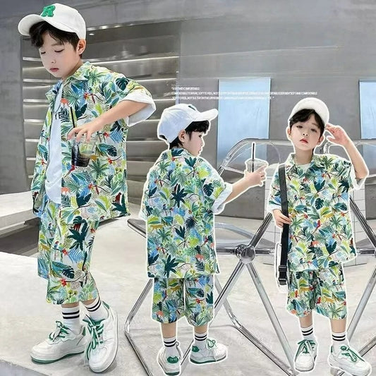 Summer Baby Boy Clothes Kid Floral Print Lapel Shirt Shorts Suit Short Sleeve Top and Bottom 2pc Set Children Fashion Beach Wear - SHOWLU FASHION STORE