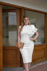 Summer Fashion Bodycon High Neck Sleeveless One Shoulder With Flower Ruffle Elegant Evening Dress - SHOWLU FASHION STORE
