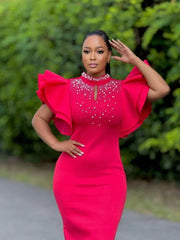 Summer Fashion Red Rhinestone Women's Mini Party Dress Slim Fit Elegant Nail Bead Sexy High Neck Ruffled Birthday Evening Dress - SHOWLU FASHION STORE