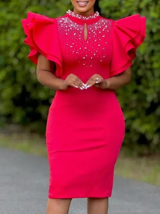 Summer Fashion Red Rhinestone Women's Mini Party Dress Slim Fit Elegant Nail Bead Sexy High Neck Ruffled Birthday Evening Dress - SHOWLU FASHION STORE
