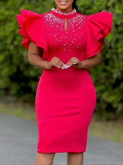 Summer Fashion Red Rhinestone Women's Mini Party Dress Slim Fit Elegant Nail Bead Sexy High Neck Ruffled Birthday Evening Dress - SHOWLU FASHION STORE