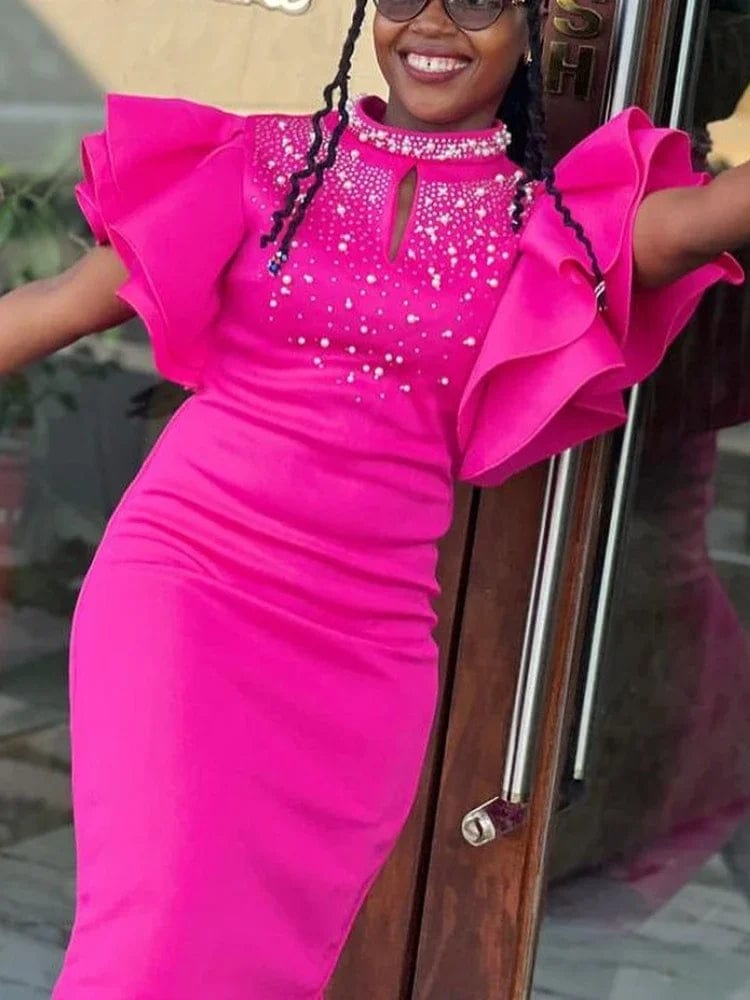 Summer Fashion Red Rhinestone Women's Mini Party Dress Slim Fit Elegant Nail Bead Sexy High Neck Ruffled Birthday Evening Dress - SHOWLU FASHION STORE
