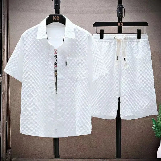 Summer Men Sets Casual Oversize Plaid Lapel Short Shirts Shorts Two - Piece Casual Solid Short Sleeve Loose Fashion Streetwear - SHOWLU FASHION STORE