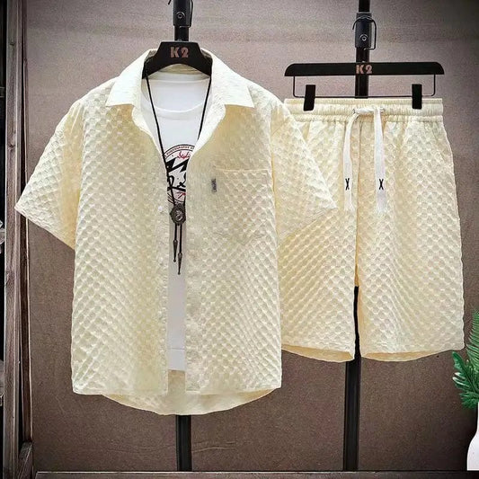 Summer Men Sets Casual Oversize Plaid Lapel Short Shirts Shorts Two - Piece Casual Solid Short Sleeve Loose Fashion Streetwear - SHOWLU FASHION STORE