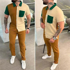 Summer Men Short - sleeved Suit fashion Color - blocked Sportswear Short - sleeved Shirt trousers Two - piece Mensuit S - XXXL - SHOWLU FASHION STORE