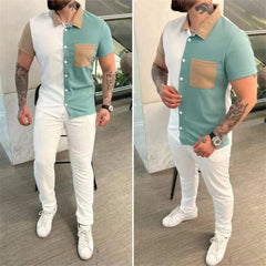 Summer Men Short - sleeved Suit fashion Color - blocked Sportswear Short - sleeved Shirt trousers Two - piece Mensuit S - XXXL - SHOWLU FASHION STORE