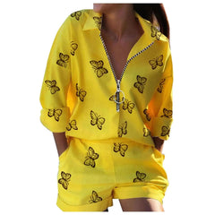 Summer New Suit Women's Top Lapel Long - sleeved Printed Zipper Shorts Two - piece Office Casual And Comfortable Suit - SHOWLU FASHION STORE