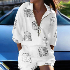 Summer New Suit Women's Top Lapel Long - sleeved Printed Zipper Shorts Two - piece Office Casual And Comfortable Suit - SHOWLU FASHION STORE