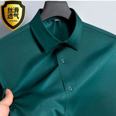 Summer shirt, men's white glossy non ironing shirt, men's wrinkle resistant ice silk casual high - end seamless business shirt - SHOWLU FASHION STORE