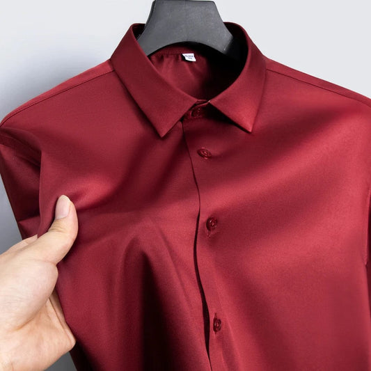 Summer shirt, men's white glossy non ironing shirt, men's wrinkle resistant ice silk casual high - end seamless business shirt - SHOWLU FASHION STORE