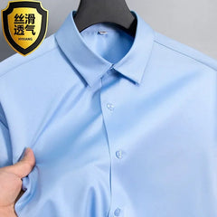 Summer shirt, men's white glossy non ironing shirt, men's wrinkle resistant ice silk casual high - end seamless business shirt - SHOWLU FASHION STORE