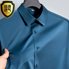 Summer shirt, men's white glossy non ironing shirt, men's wrinkle resistant ice silk casual high - end seamless business shirt - SHOWLU FASHION STORE