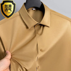 Summer shirt, men's white glossy non ironing shirt, men's wrinkle resistant ice silk casual high - end seamless business shirt - SHOWLU FASHION STORE
