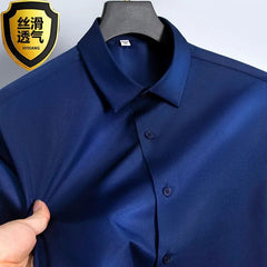 Summer shirt, men's white glossy non ironing shirt, men's wrinkle resistant ice silk casual high - end seamless business shirt - SHOWLU FASHION STORE