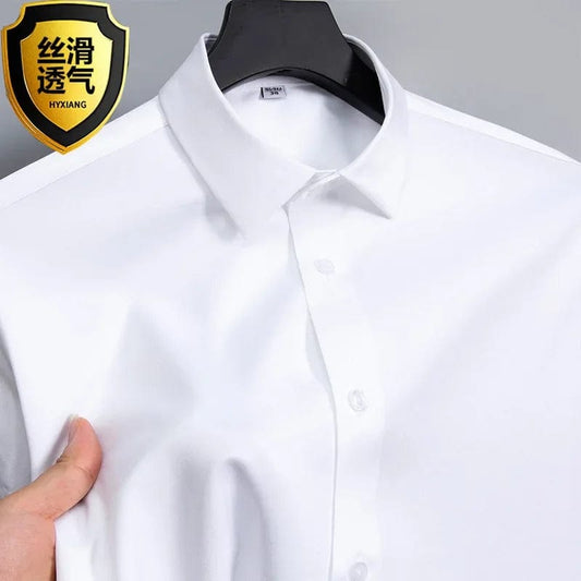 Summer shirt, men's white glossy non ironing shirt, men's wrinkle resistant ice silk casual high - end seamless business shirt - SHOWLU FASHION STORE