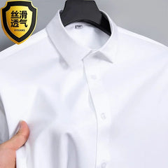 Summer shirt, men's white glossy non ironing shirt, men's wrinkle resistant ice silk casual high - end seamless business shirt - SHOWLU FASHION STORE