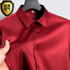 Summer shirt, men's white glossy non ironing shirt, men's wrinkle resistant ice silk casual high - end seamless business shirt - SHOWLU FASHION STORE