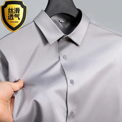 Summer shirt, men's white glossy non ironing shirt, men's wrinkle resistant ice silk casual high - end seamless business shirt - SHOWLU FASHION STORE
