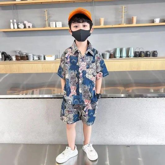 Summer Teenage Boy Clothes Set Cartoon Bear Short Sleeve Lapel Shirts and Shorts Suit Children's Boys Top and Bottom Streetwear - SHOWLU FASHION STORE