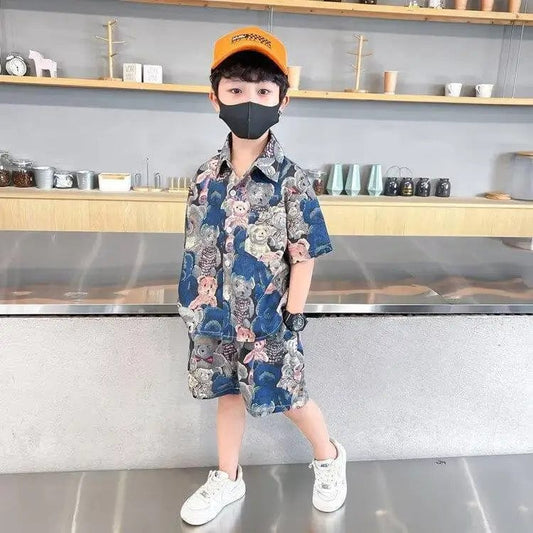 Summer Teenage Boy Clothes Set Cartoon Bear Short Sleeve Lapel Shirts and Shorts Suit Children's Boys Top and Bottom Streetwear - SHOWLU FASHION STORE
