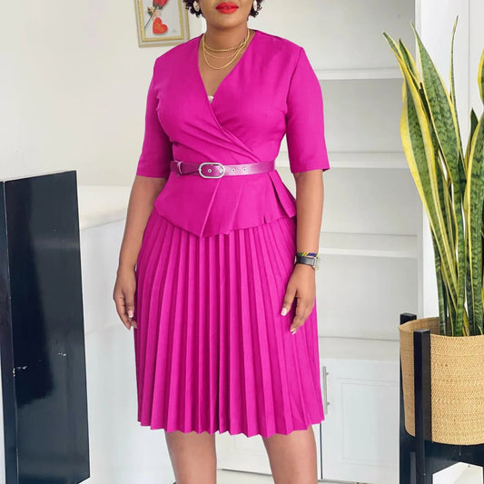 Summer Trend Party New Women's Fashion Plus Size Temperament V - neck Pleated African Dress Vestidos De Mujer - SHOWLU FASHION STORE