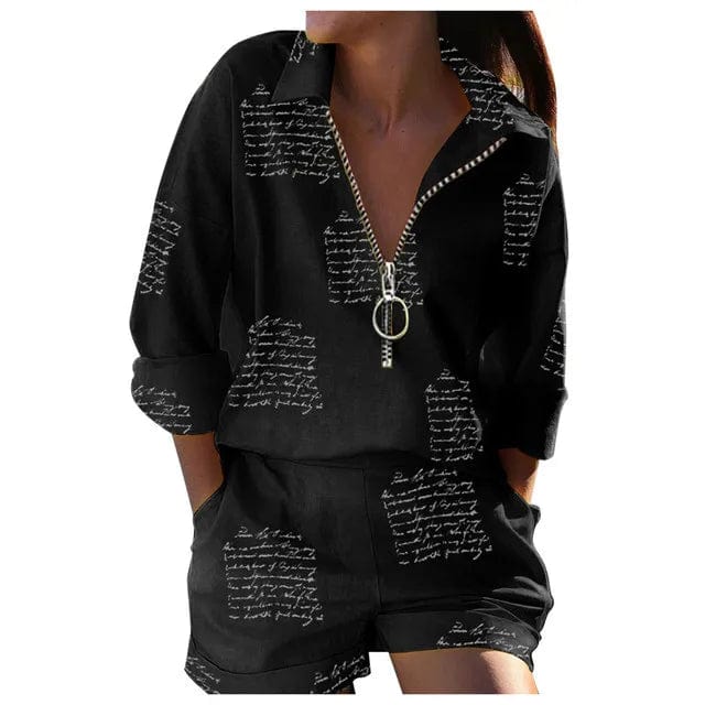 Summer Turndown Collar Long Sleeves 2Pcs/Set Women Shirt Shorts Suit Fashion Metal Zipper Feather Printed T-Shirt Top Pants Set - SHOWLU FASHION STORE