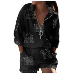 Summer Turndown Collar Long Sleeves 2Pcs/Set Women Shirt Shorts Suit Fashion Metal Zipper Feather Printed T-Shirt Top Pants Set - SHOWLU FASHION STORE