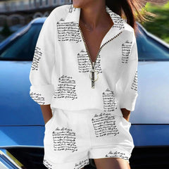 Summer Turndown Collar Long Sleeves 2Pcs/Set Women Shirt Shorts Suit Fashion Metal Zipper Feather Printed T-Shirt Top Pants Set - SHOWLU FASHION STORE