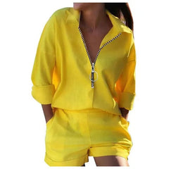 Summer Turndown Collar Long Sleeves 2Pcs/Set Women Shirt Shorts Suit Fashion Metal Zipper Feather Printed T-Shirt Top Pants Set - SHOWLU FASHION STORE