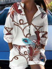 Summer Turndown Collar Long Sleeves 2Pcs/Set Women Shirt Shorts Suit Fashion Metal Zipper Feather Printed T-Shirt Top Pants Set - SHOWLU FASHION STORE