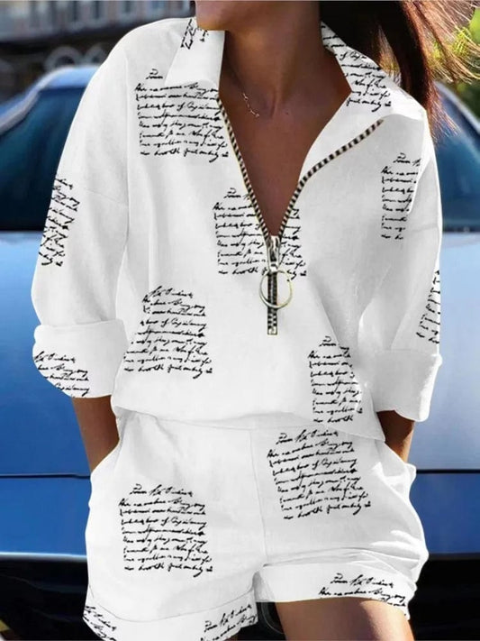 Summer Turndown Collar Long Sleeves 2Pcs/Set Women Shirt Shorts Suit Fashion Metal Zipper Feather Printed T-Shirt Top Pants Set - SHOWLU FASHION STORE