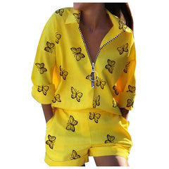Summer Turndown Collar Long Sleeves 2Pcs/Set Women Shirt Shorts Suit Fashion Metal Zipper Feather Printed T-Shirt Top Pants Set - SHOWLU FASHION STORE