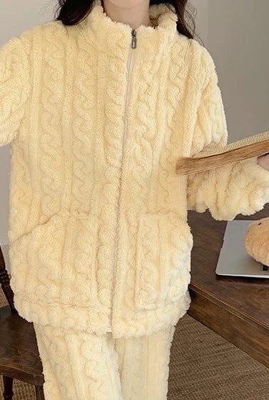 Thickened Warm 2Pcs Pajamas Set Jacquard Textured Stand Collar Zip Up Fuzzy Teddy Top & Pants Set Striped Nightwear Loungewear - SHOWLU FASHION STORE