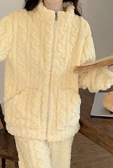 Thickened Warm 2Pcs Pajamas Set Jacquard Textured Stand Collar Zip Up Fuzzy Teddy Top & Pants Set Striped Nightwear Loungewear - SHOWLU FASHION STORE