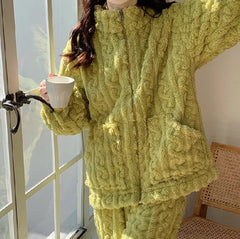 Thickened Warm 2Pcs Pajamas Set Jacquard Textured Stand Collar Zip Up Fuzzy Teddy Top & Pants Set Striped Nightwear Loungewear - SHOWLU FASHION STORE