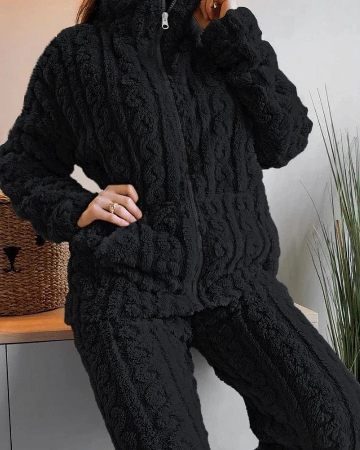 Thickened Warm 2Pcs Pajamas Set Jacquard Textured Stand Collar Zip Up Fuzzy Teddy Top & Pants Set Striped Nightwear Loungewear - SHOWLU FASHION STORE