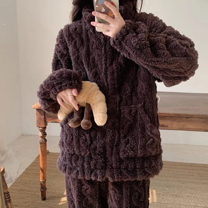 Thickened Warm 2Pcs Pajamas Set Jacquard Textured Stand Collar Zip Up Fuzzy Teddy Top & Pants Set Striped Nightwear Loungewear - SHOWLU FASHION STORE