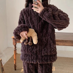 Thickened Warm 2Pcs Pajamas Set Jacquard Textured Stand Collar Zip Up Fuzzy Teddy Top & Pants Set Striped Nightwear Loungewear - SHOWLU FASHION STORE